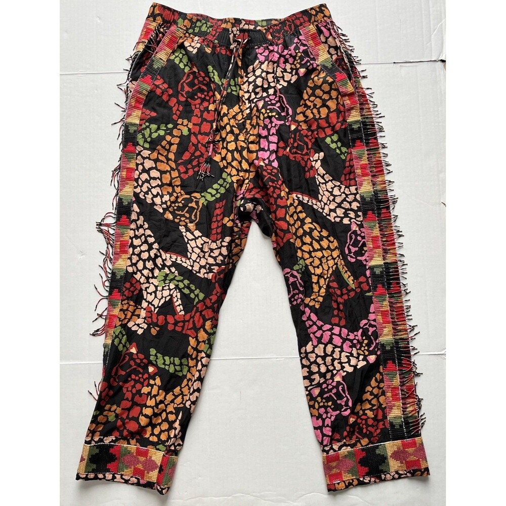 FARM Rio Mixed Multicolor Leopard Printed Pants Embroidered Beaded Fringe Size L - Picture 2 of 16